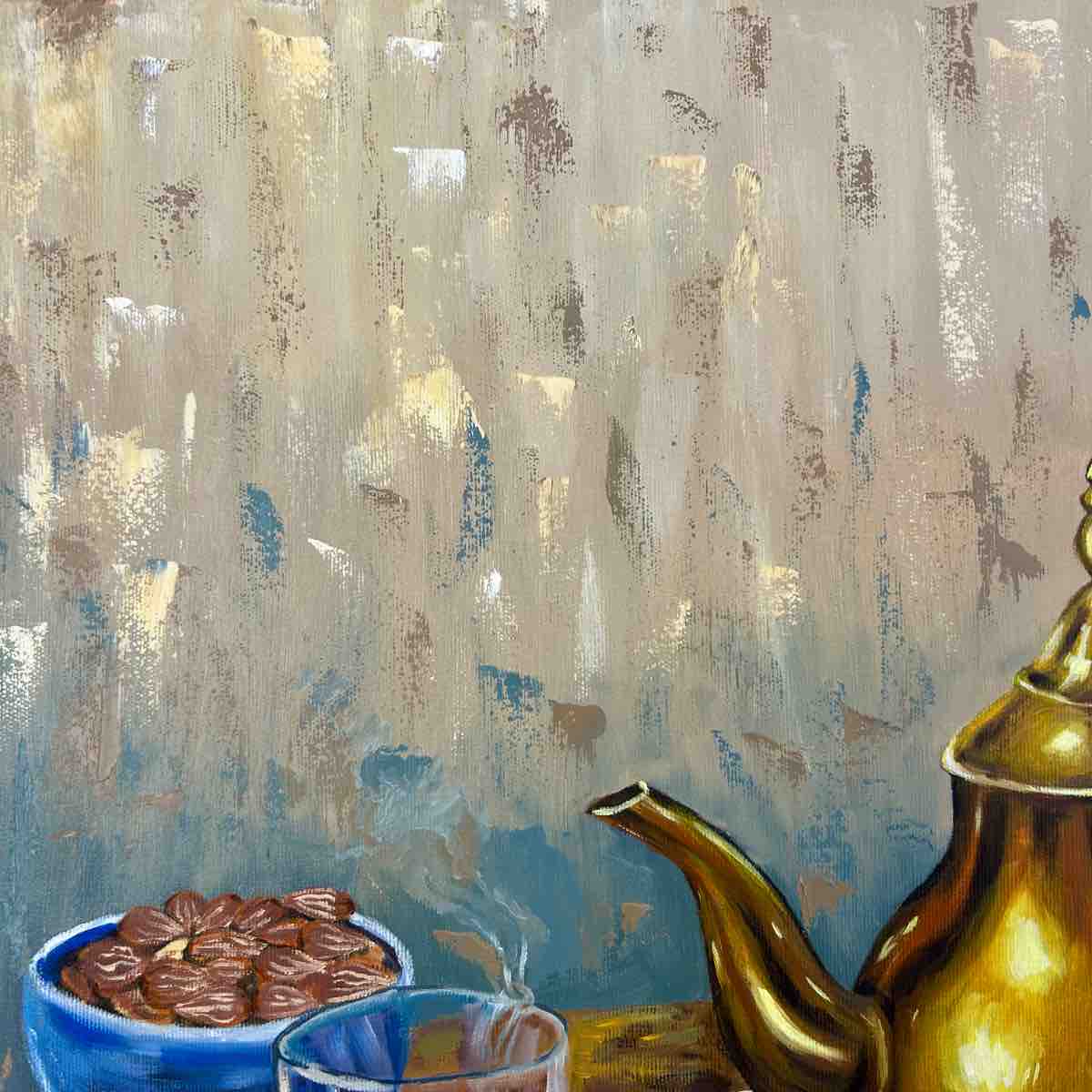 Thé tunisien peinture à l'huile artisanale pour un moment chaleureux