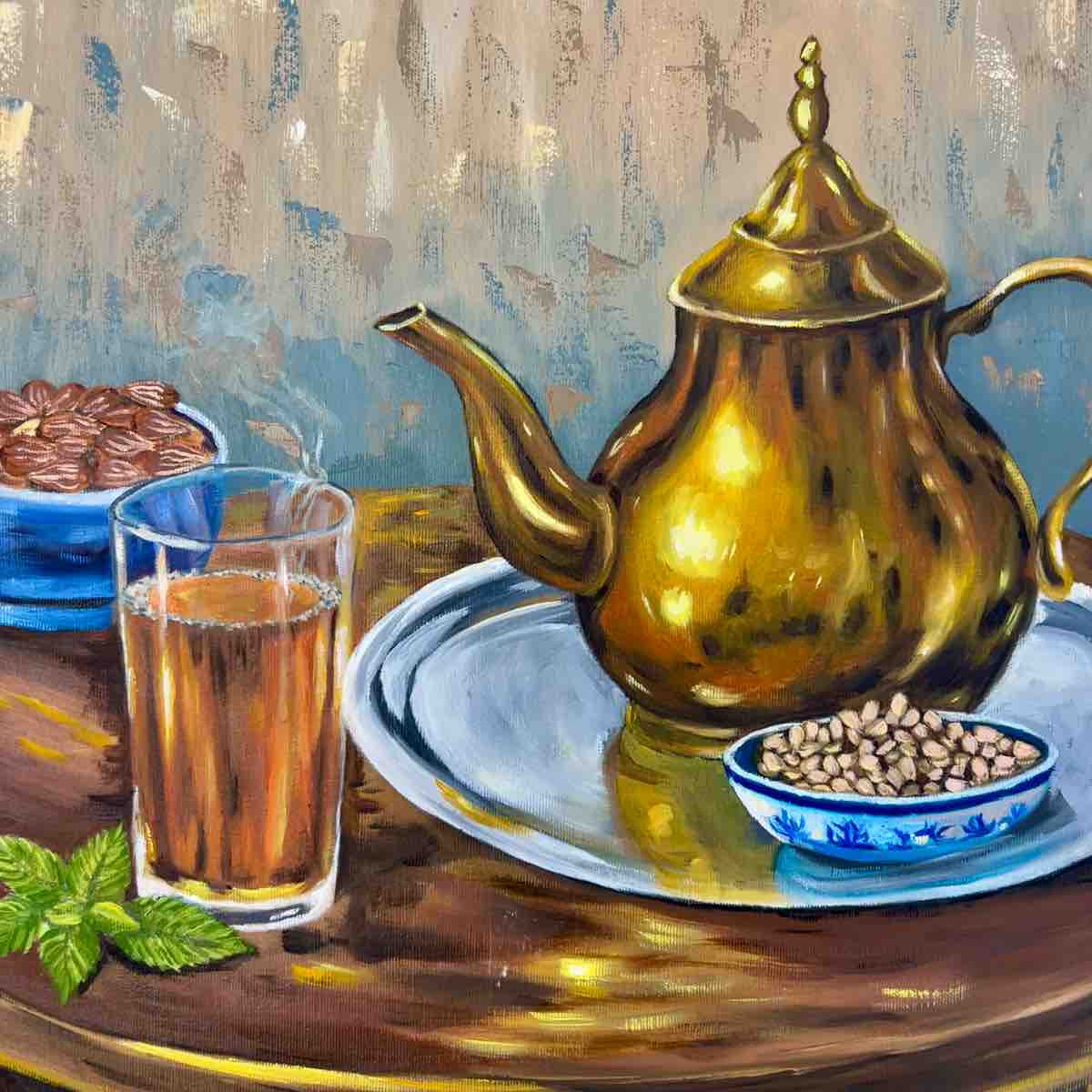 Thé tunisien peinture à l'huile artisanale pour un moment chaleureux