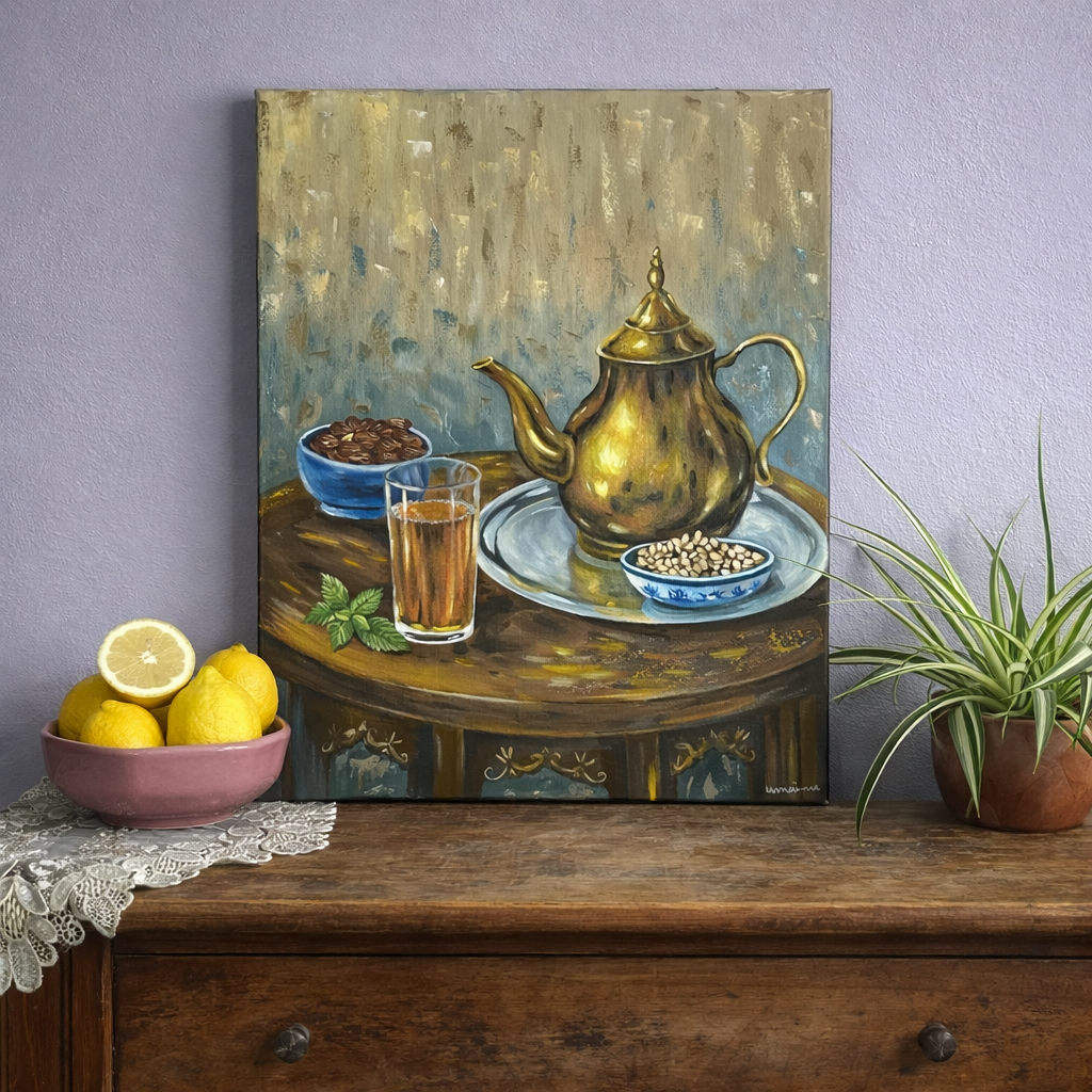Thé tunisien peinture à l'huile artisanale pour un moment chaleureux