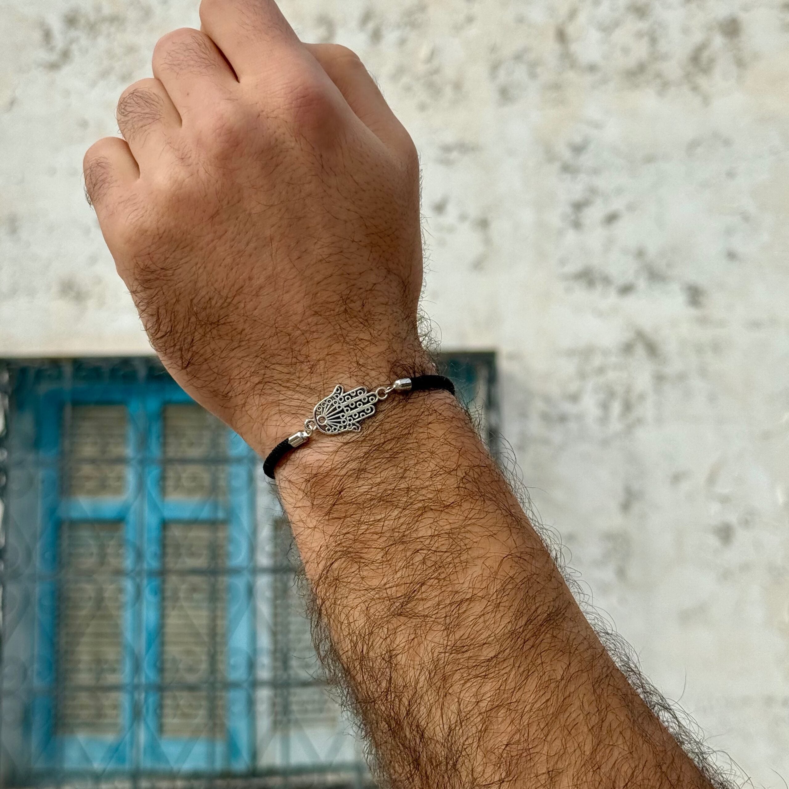 Bracelet Cordon Noir Argent Khomsa ajustable