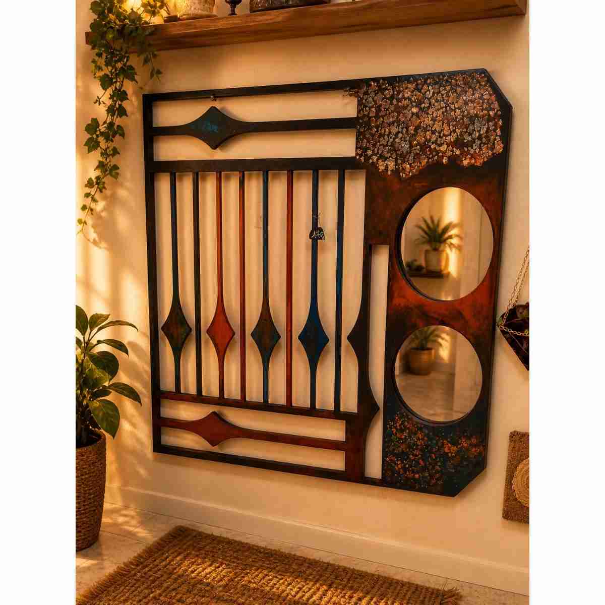 Miroir mural unique peint à la main avec porte manteaux élégant,120 cm/120cm