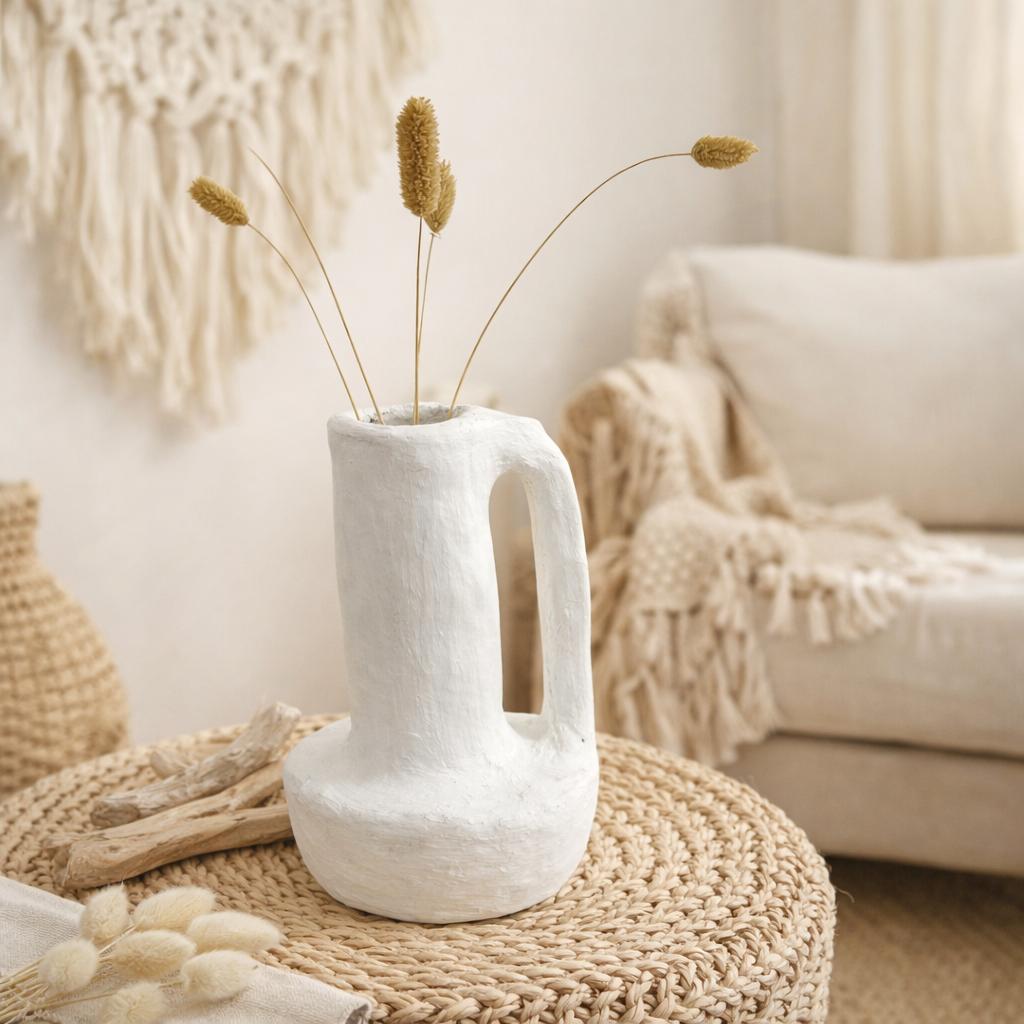 Vase blanc en poterie - Bouquet de fleurs séchées