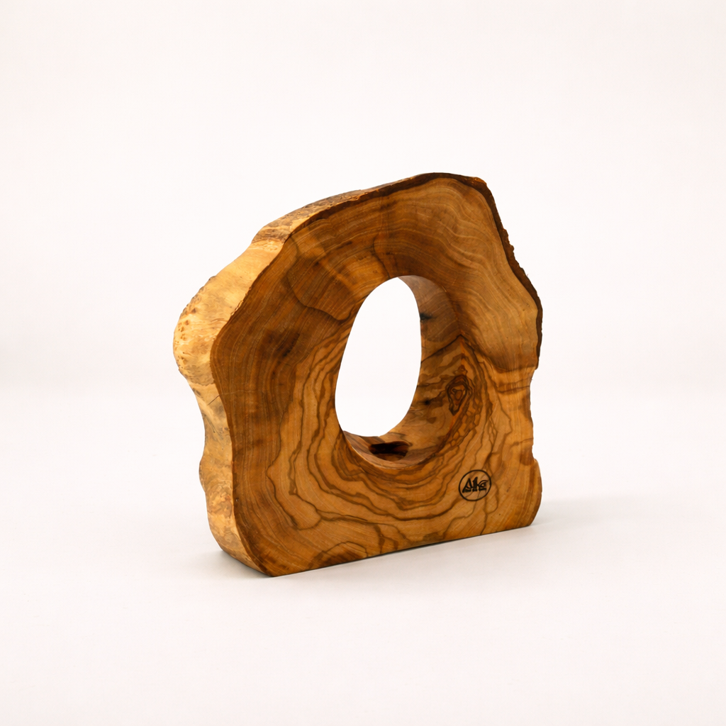 Vase en bois d'olivier avec tige en verre