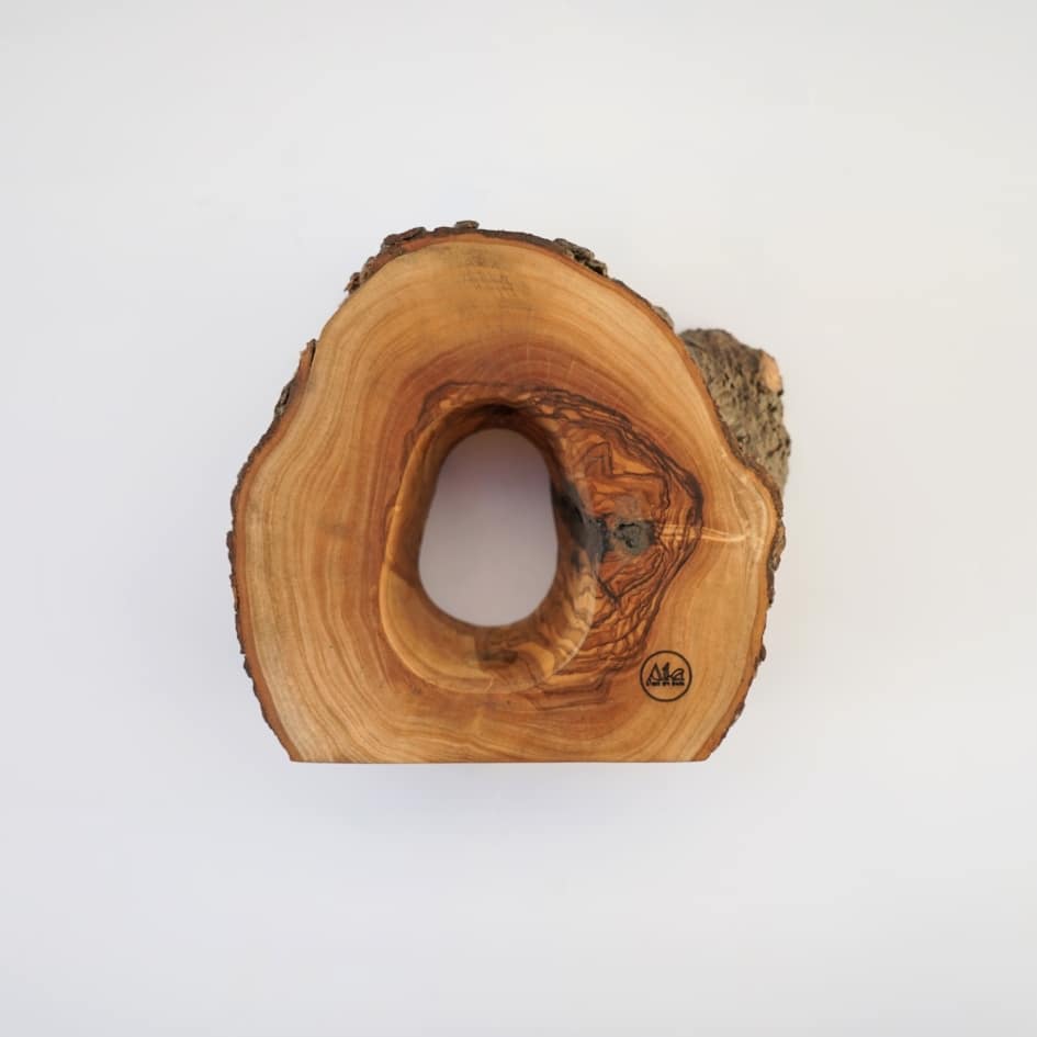 Vase en bois d'olivier avec tige en verre