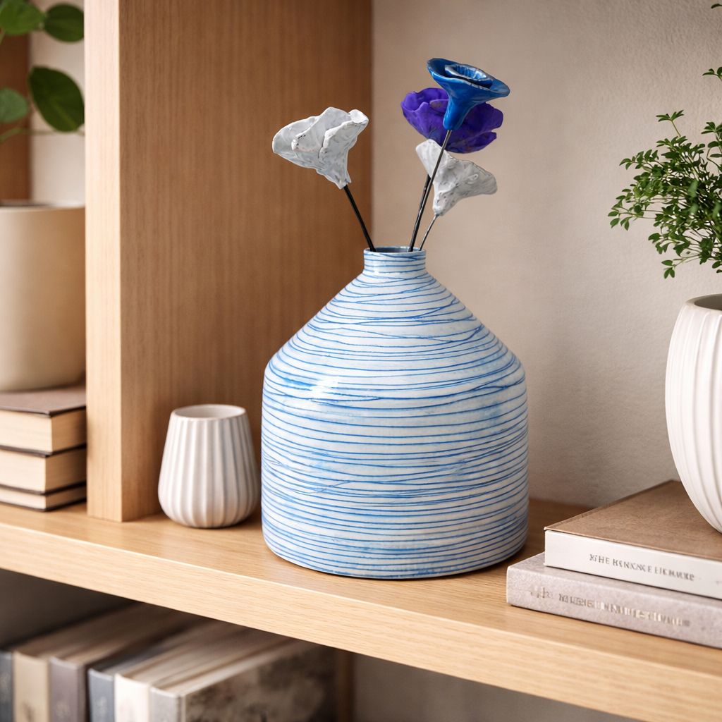 Vase rayé bleu et blanc en céramique - Finition artisanale - H 20 cm