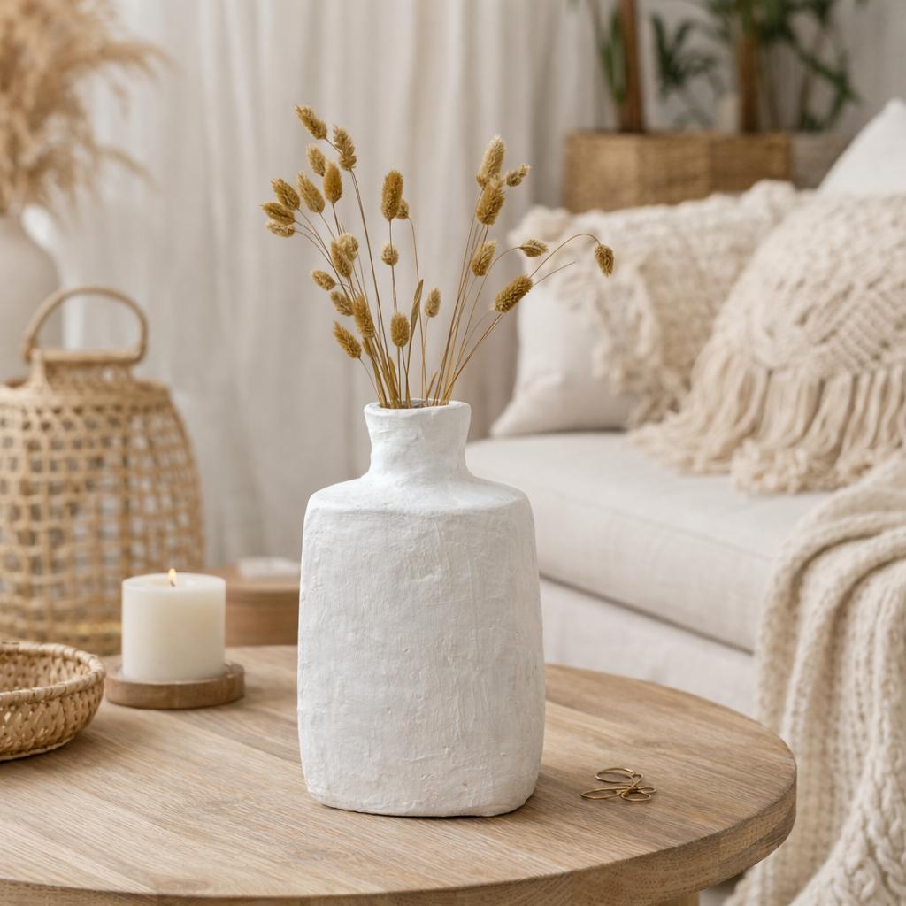 Vase blanc avec bouquet de fleurs séchées - Poterie artisanale