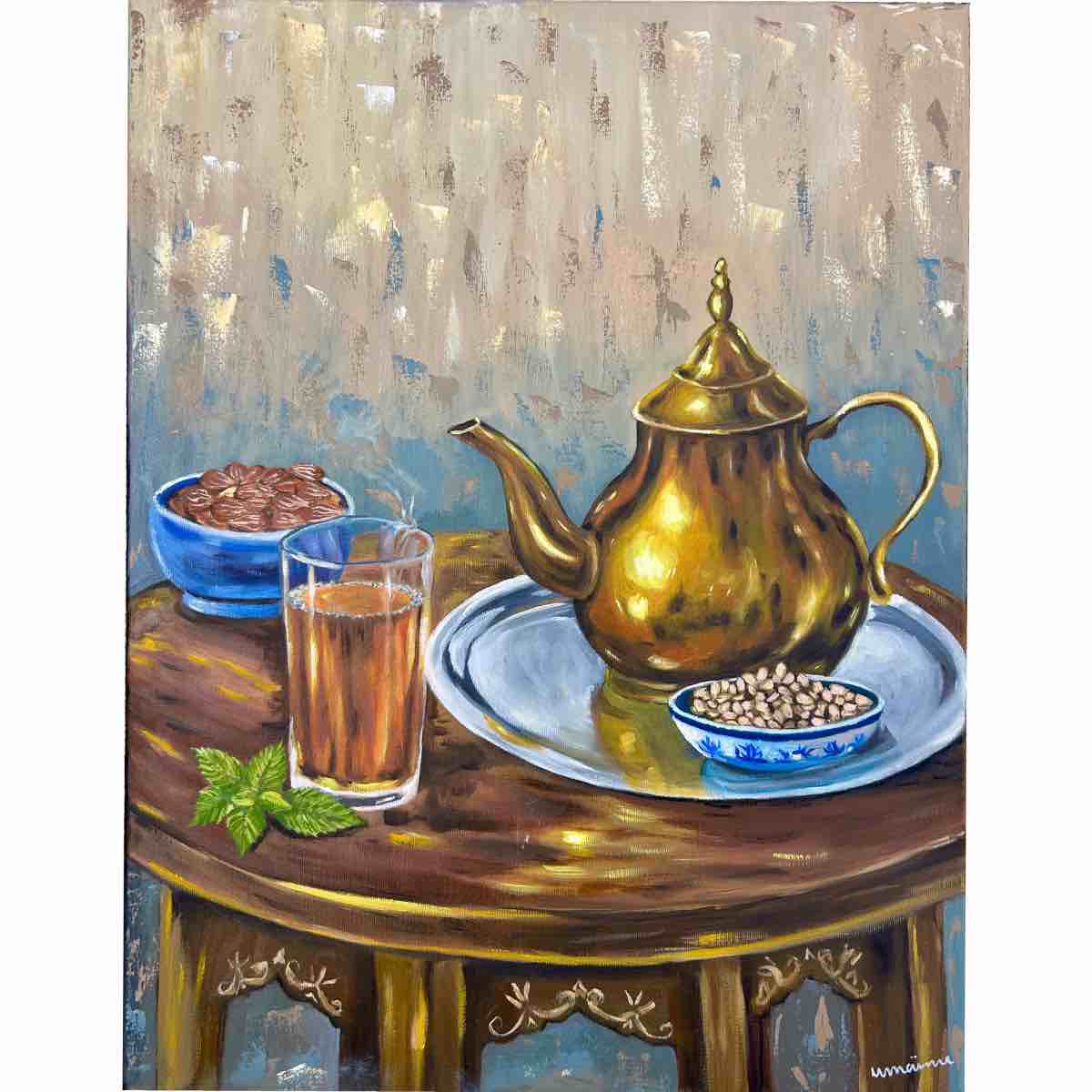 Thé tunisien peinture à l'huile artisanale pour un moment chaleureux