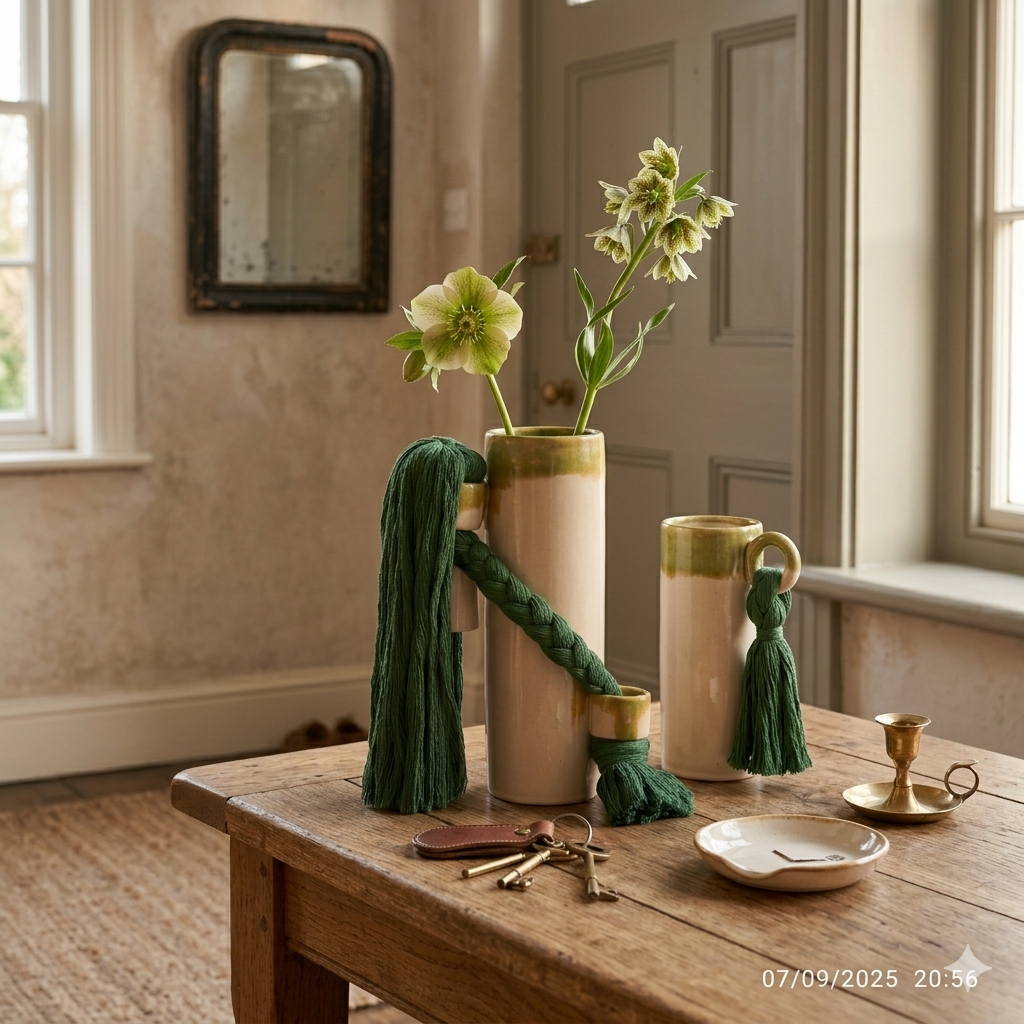 Vase céramique beige et vert avec corde tressée élégante