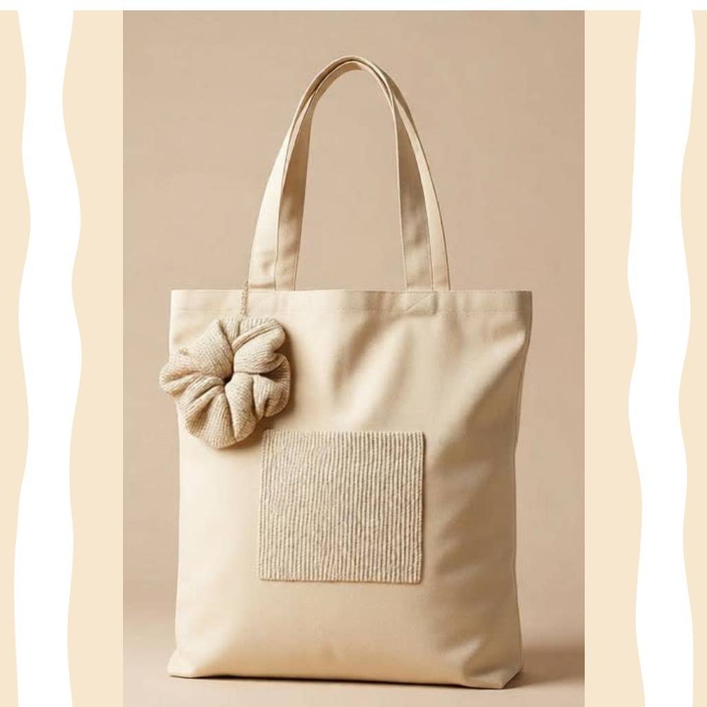 Totebag beige original en tissu naturel avec porte-clés scrunchie
