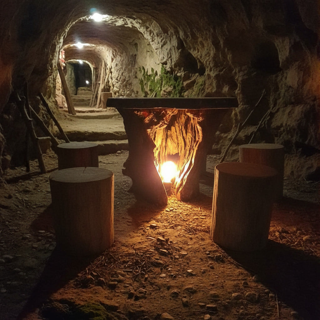 Table Veilleuse Sculptée en Bois Brut et Verre - Éclat Naturel