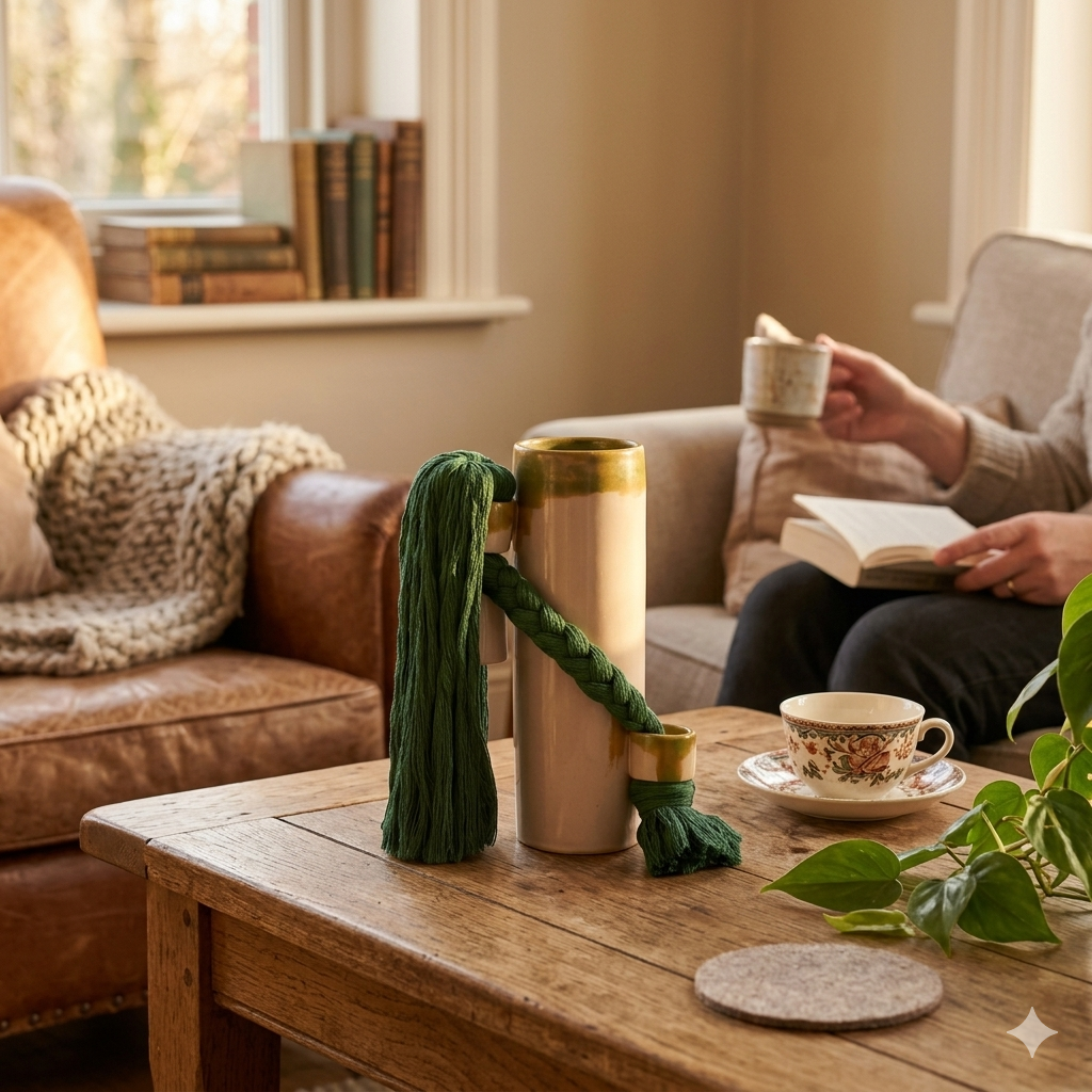 Vase céramique beige et vert avec corde tressée élégante