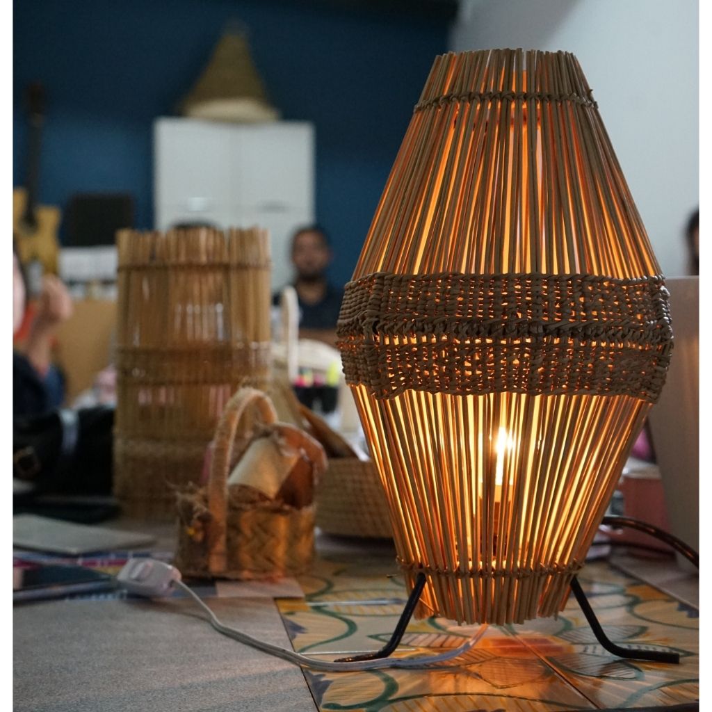 Handcrafted diamond-shaped acacia fiber lantern