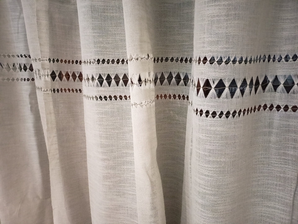 Pair of Hayek linen curtains, hand-woven, hand-embroidered, with pompom