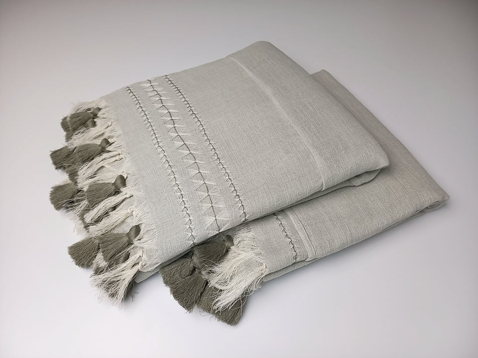 Pair of Hayek linen curtains, hand-woven, hand-embroidered, with pompom
