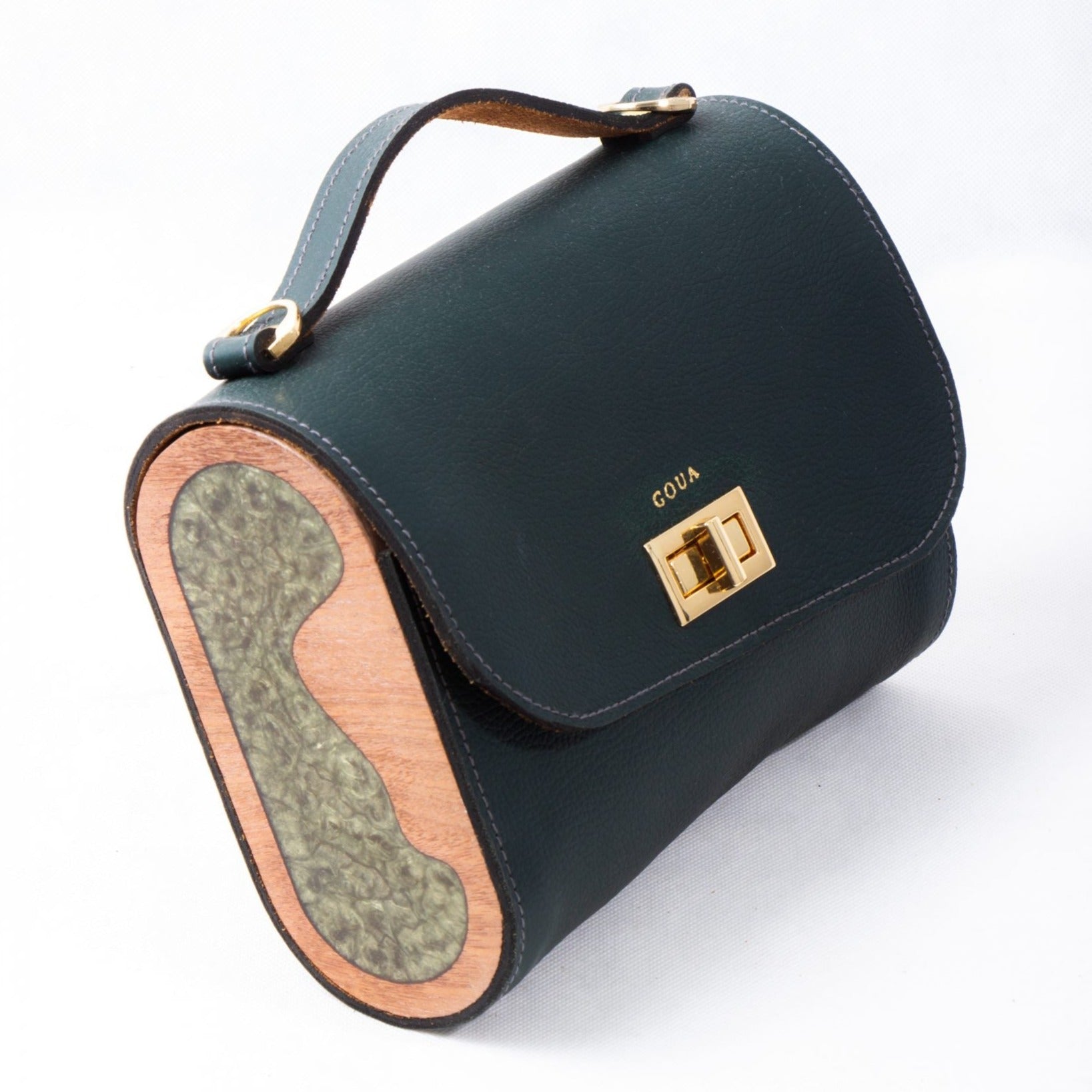 Dark green handbag in real leather and mahogany wood