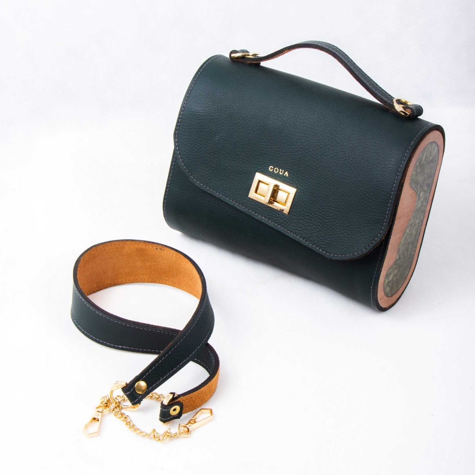 Dark green handbag in real leather and mahogany wood