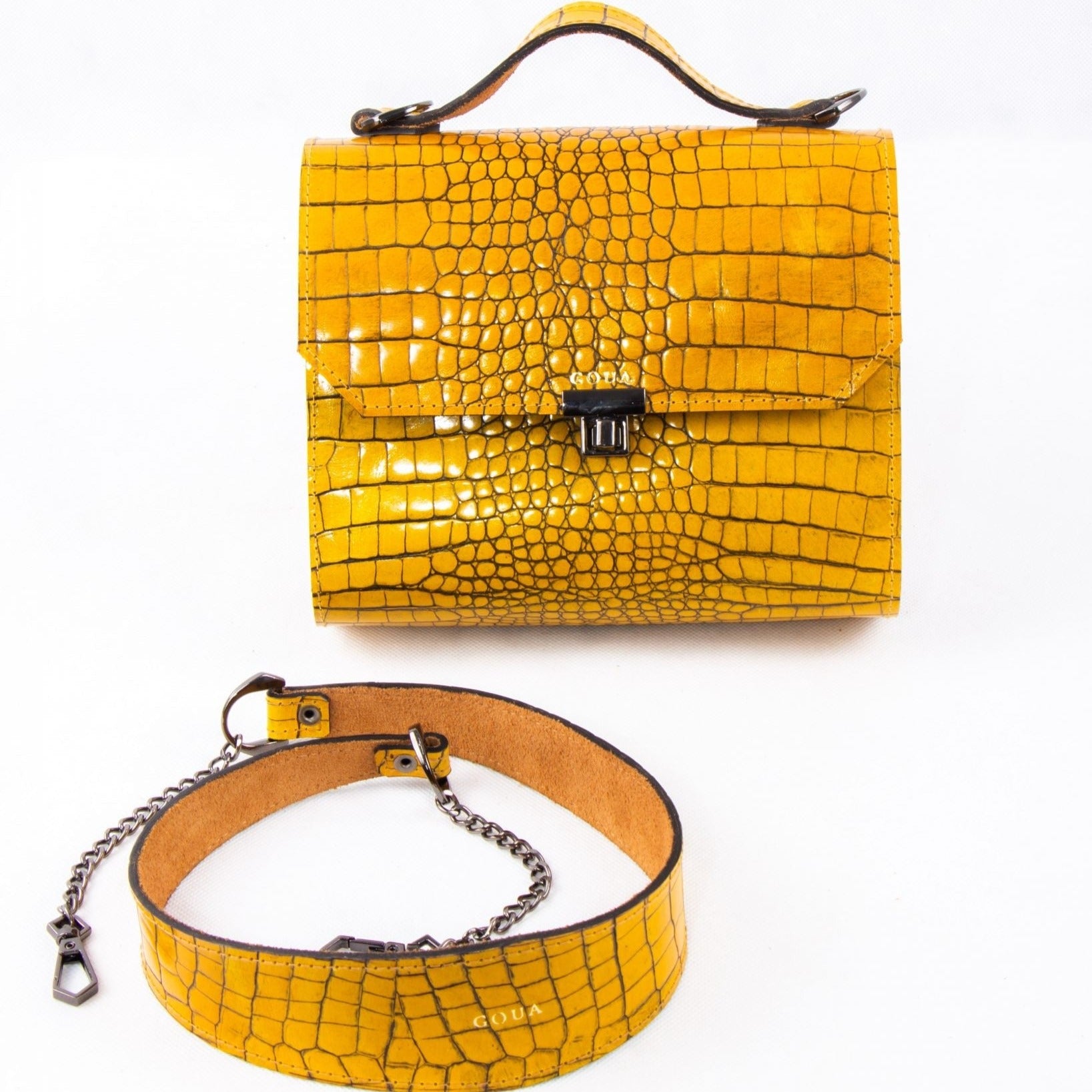 Sac à main Jaune en véritable cuir et bois d'acajou