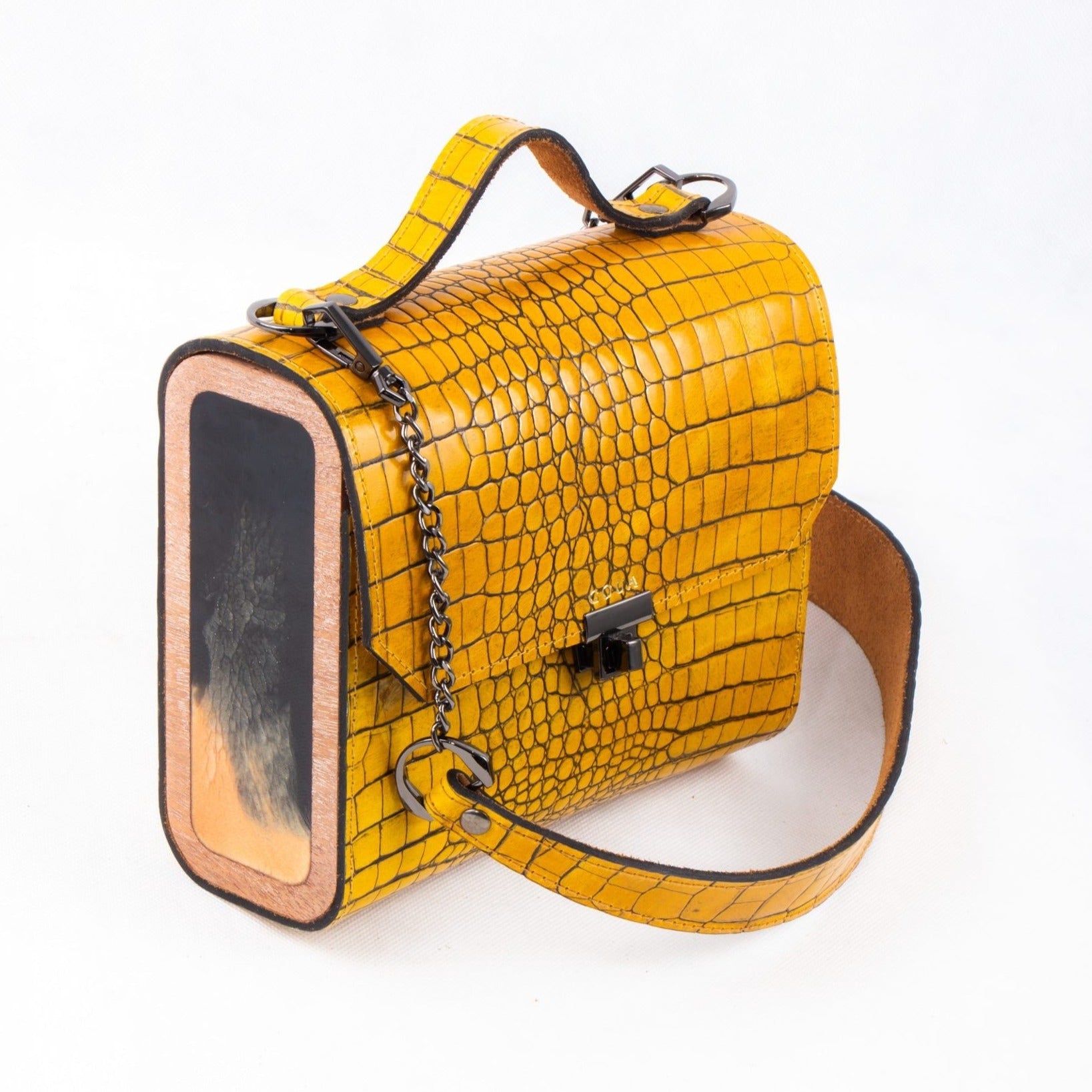 Sac à main Jaune en véritable cuir et bois d'acajou