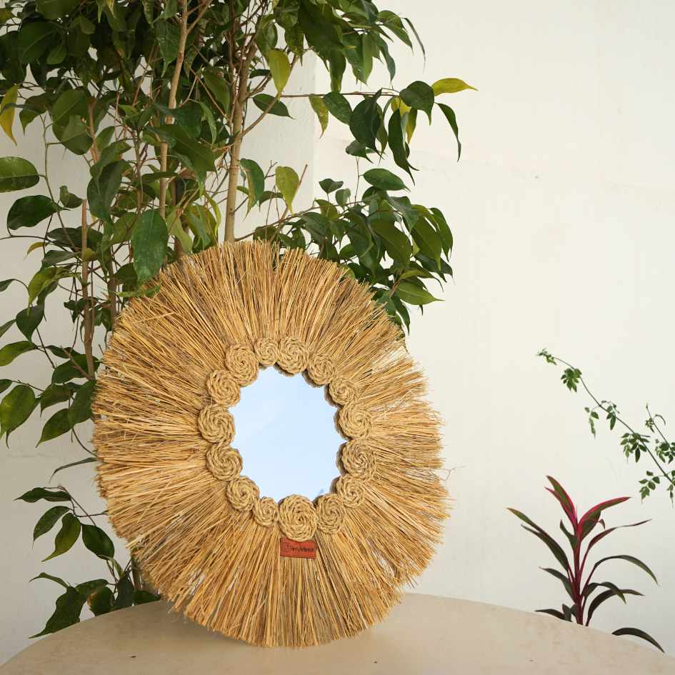 Miroir mural en halfa brut Miroir handmade, Miroir en halfa fait main, Miroir avec cercles moderne