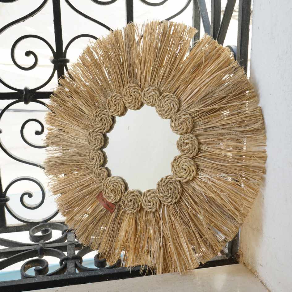 Miroir mural en halfa brut Miroir handmade, Miroir en halfa fait main, Miroir avec cercles moderne