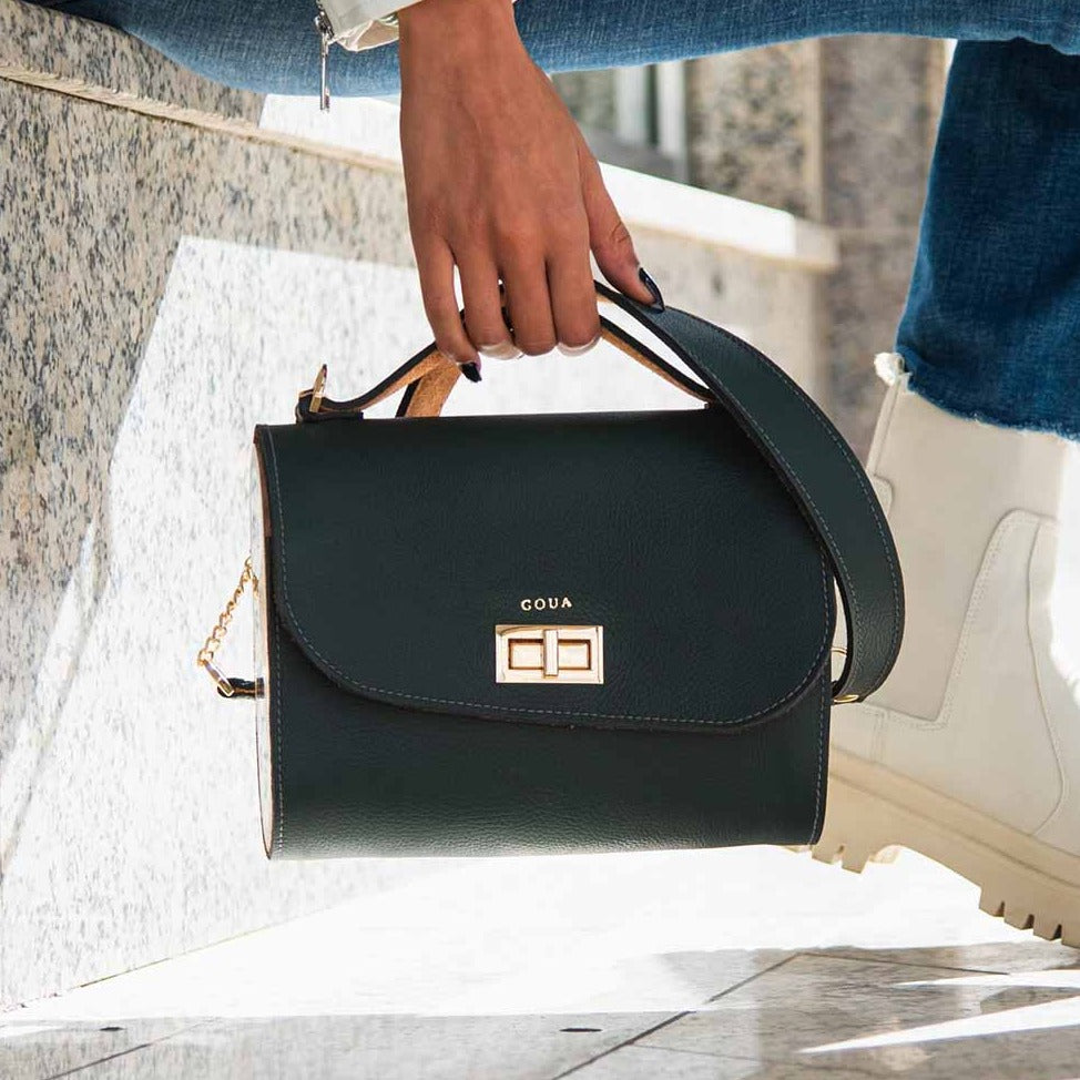 Dark green handbag in real leather and mahogany wood