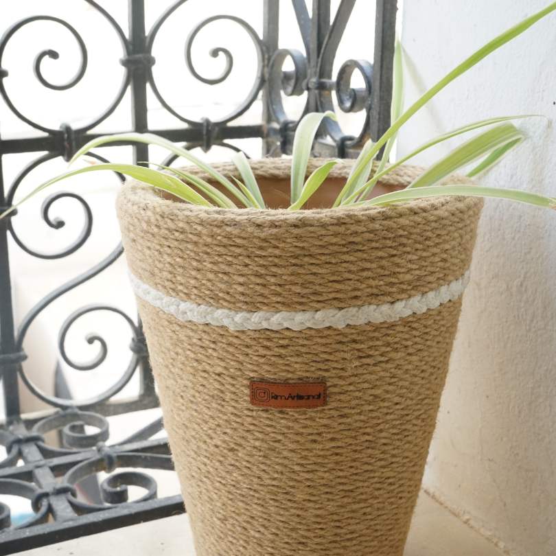 Cache pot en corde de jute, en fibre naturelle 100% fait-main - artisanat Tunisien fait main | ILEYCOM