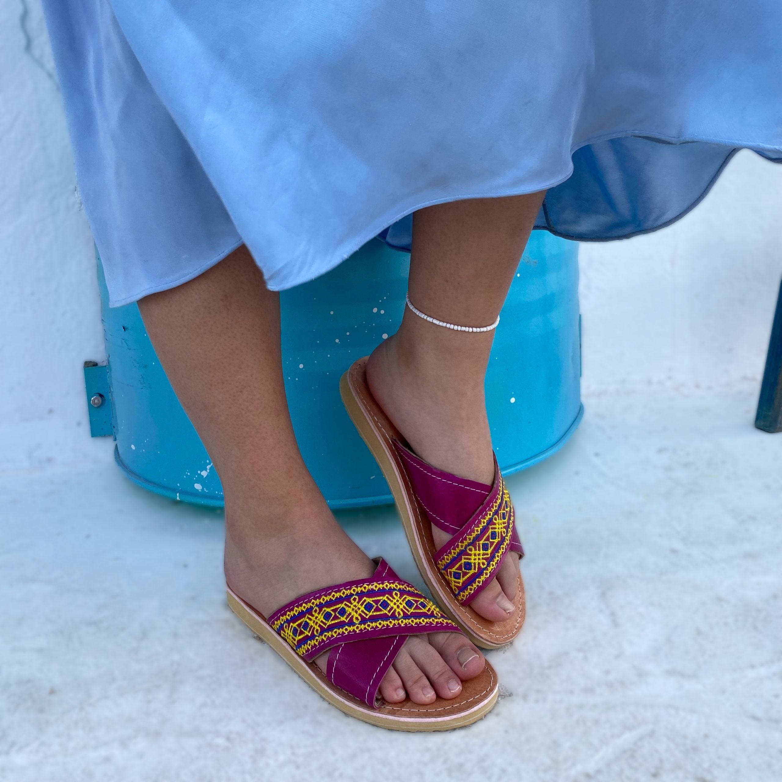Mule pour femme "Baïa" tige croisée en cuir véritable - artisanat Tunisien fait main | ILEYCOM