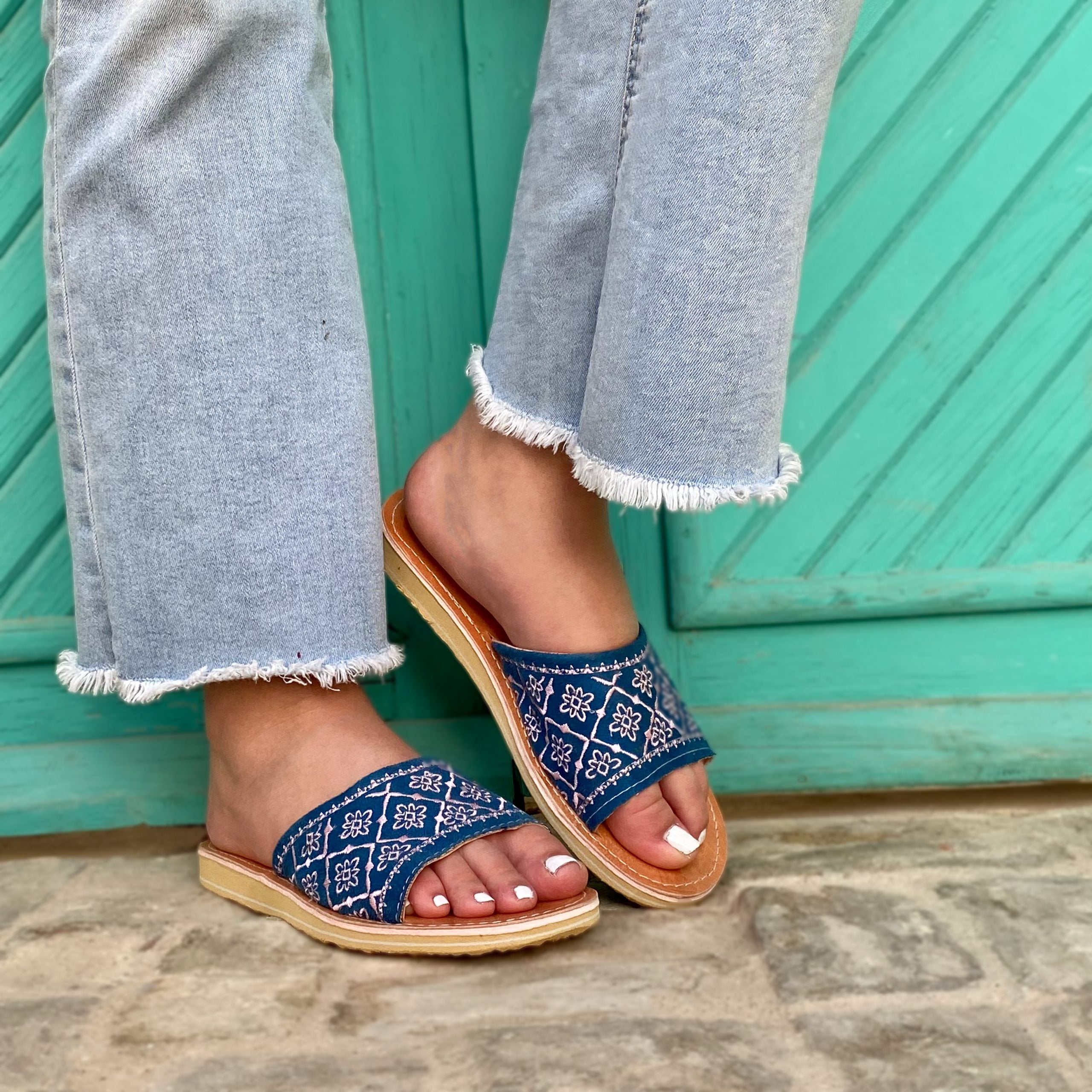 Mules Kmar pour femme en cuir véritable motifs losanges - artisanat Tunisien fait main | ILEYCOM