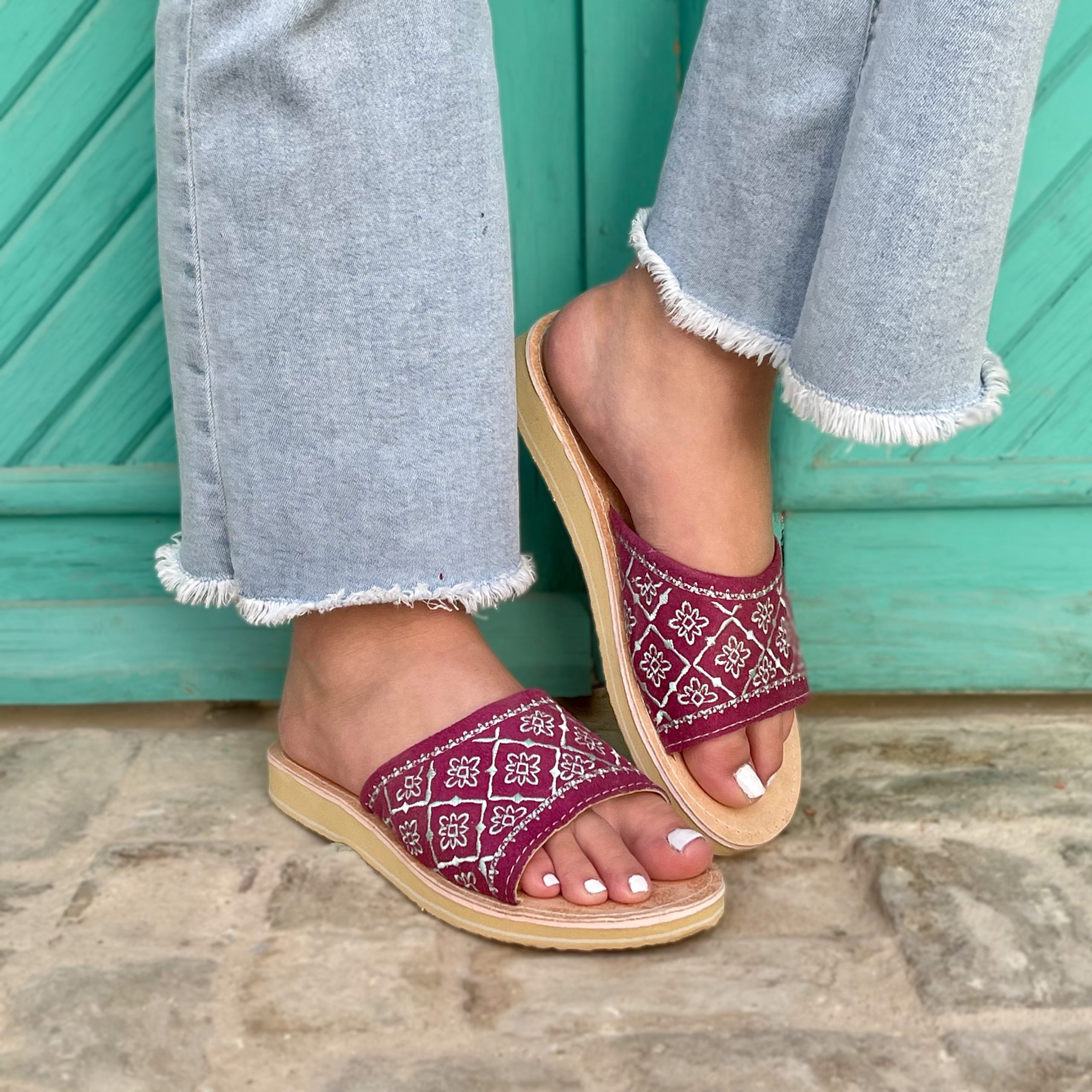 Mules Kmar pour femme en cuir véritable motifs losanges - artisanat Tunisien fait main | ILEYCOM
