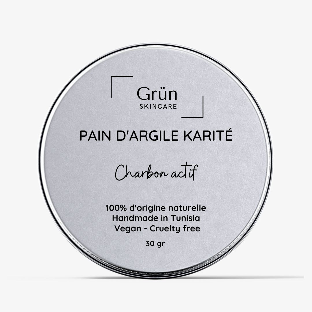 Pain d'argile Karité, Charbon actif - Peaux Grasses Anti acné - 30 gr - artisanat Tunisien fait main | ILEYCOM