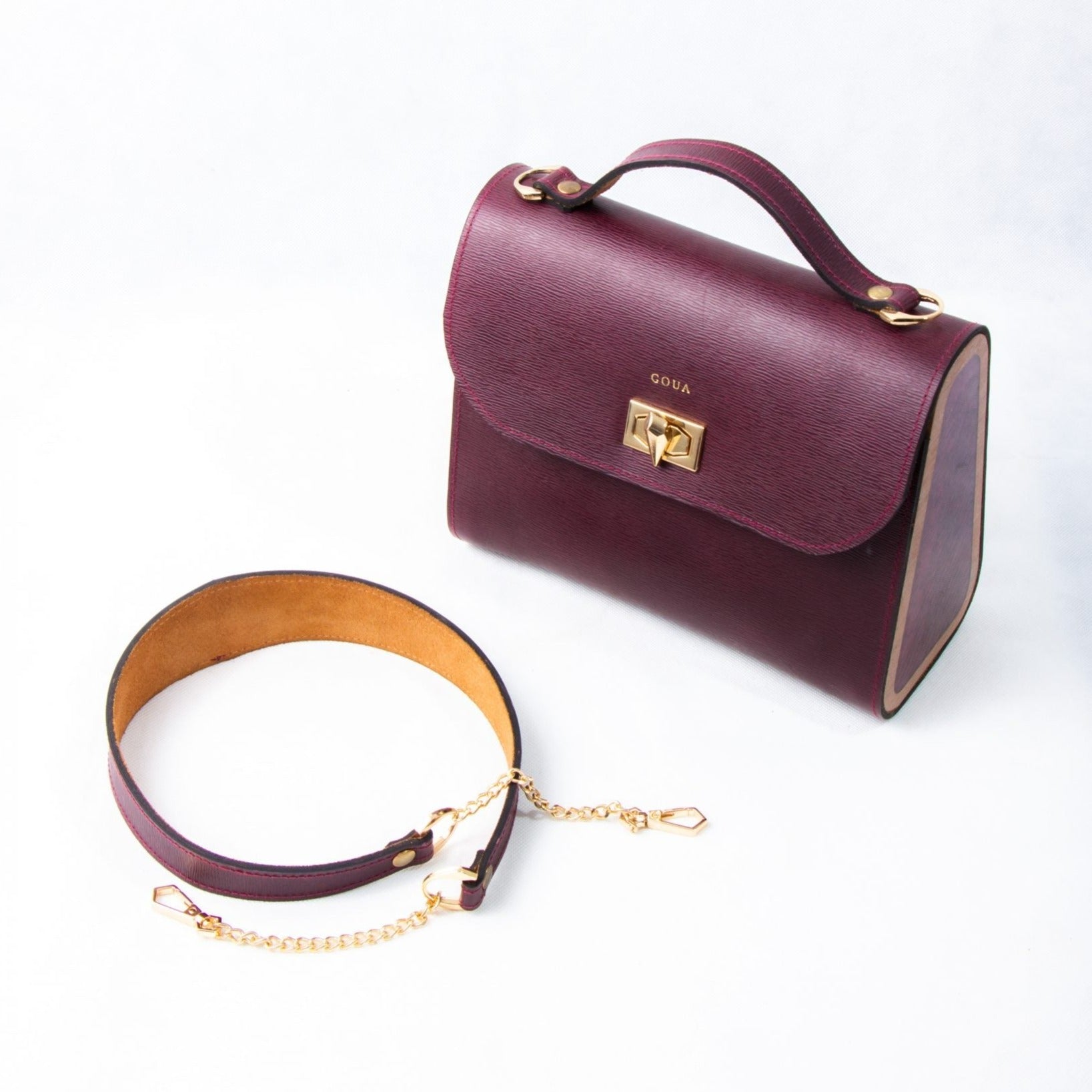 Sac à main rouge bordeaux "Sangria" en véritable cuir et bois d'acajou - artisanat Tunisien fait main | ILEYCOM