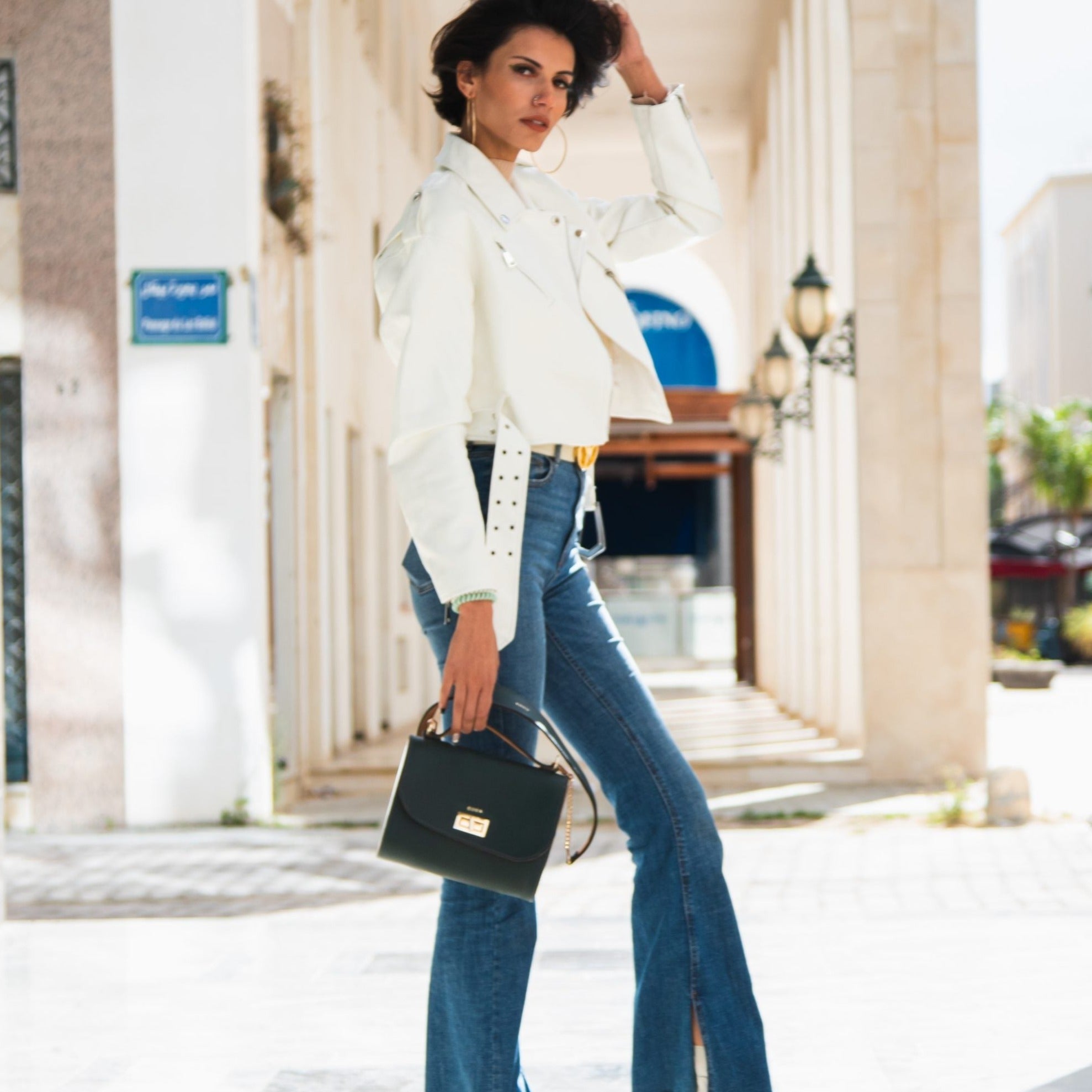 Sac à main vert foncé en véritable cuir et bois d'acajou - artisanat Tunisien fait main | ILEYCOM