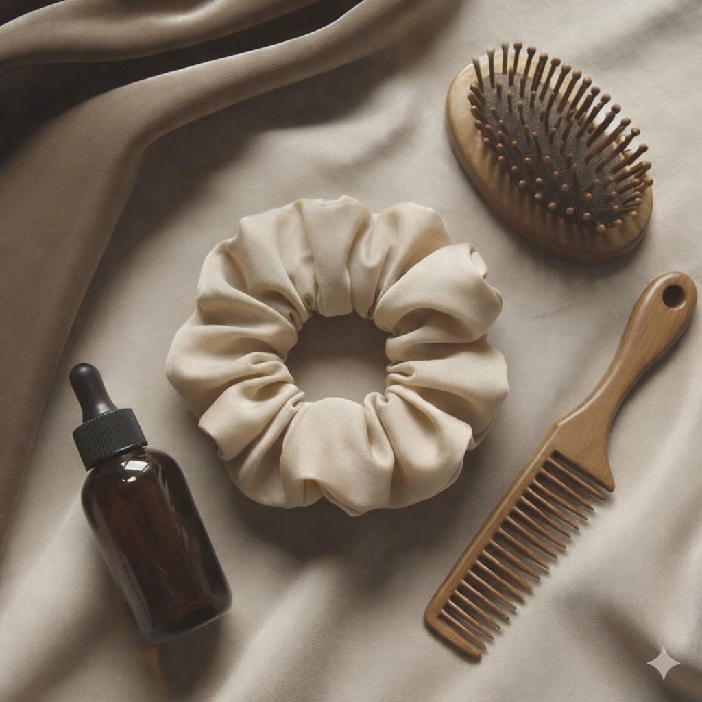 Chouchou satin beige antifrizz pour une élégance intemporelle