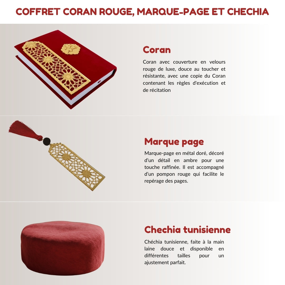 Coffret Coran rouge avec marque-page à l’ambre et chechia