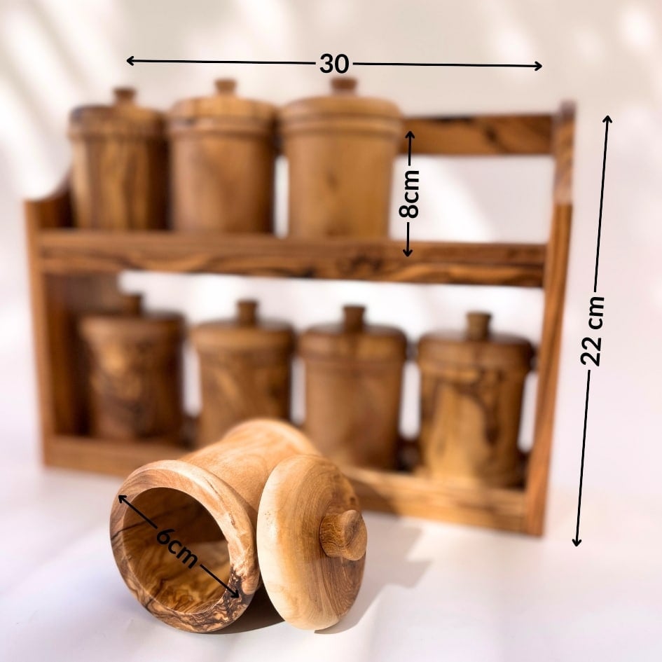 Ensemble de pots à épices en bois d'olivier avec support