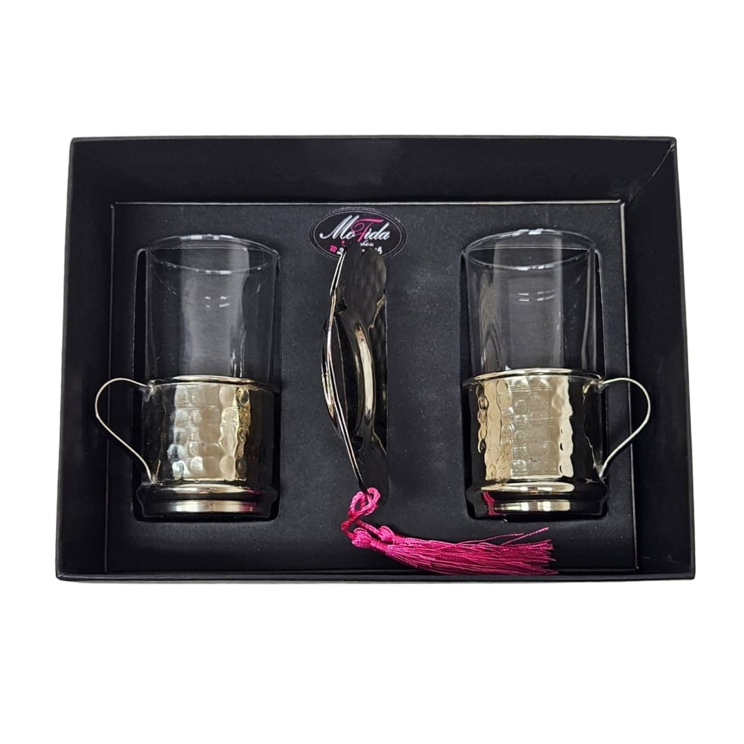 Service à Thé Traditionnel Fait Main - 2 Tasses en Verre avec Porte-Tasse en Cuivre