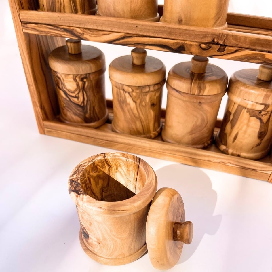 Ensemble de pots à épices en bois d'olivier avec support