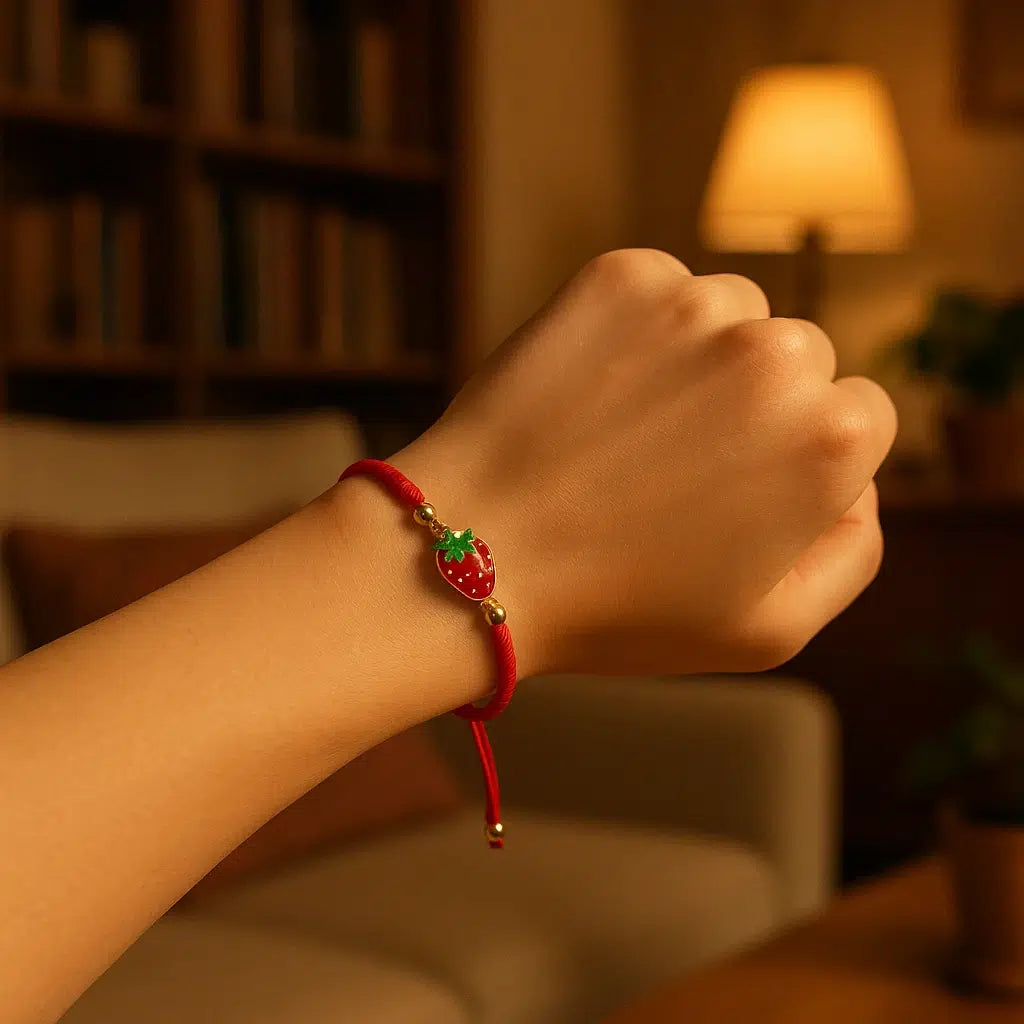 bracelet fraise charmant en cordon rouge ajustable et élégant