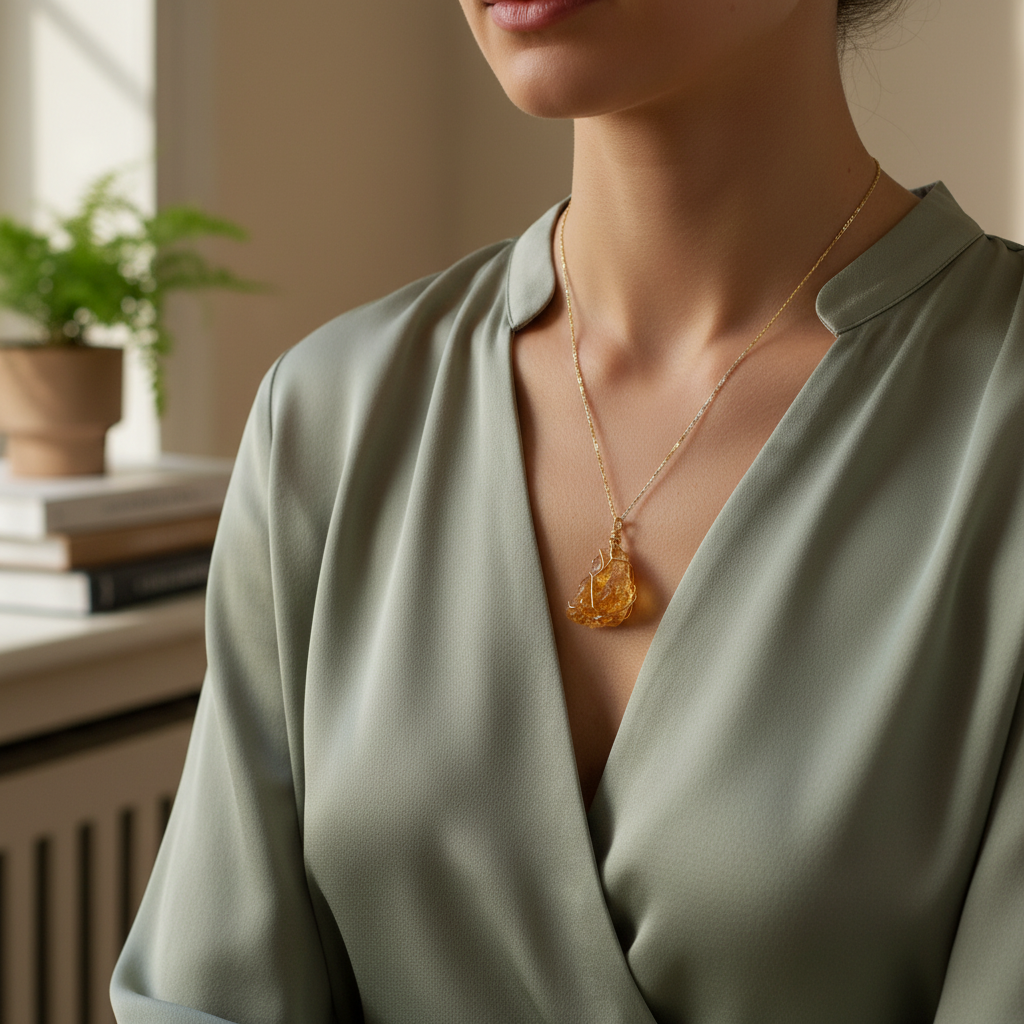 Collier Pendentif Ambre Baltique Argent plaqué en Or 18k - Sérénité Élégante