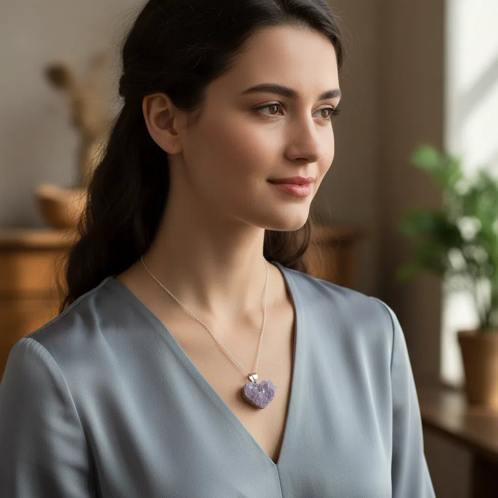Collier d'Argent 925 avec Cœur Améthyste Brute - Équilibre Éclatant