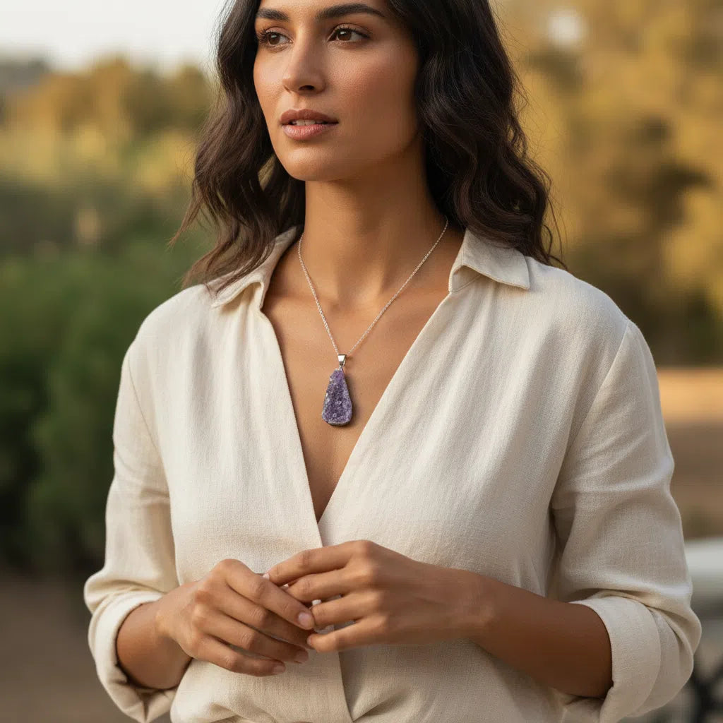 Collier en Argent 925 et Améthyste Brute - Élégance Artisanale et Énergie Apaisante