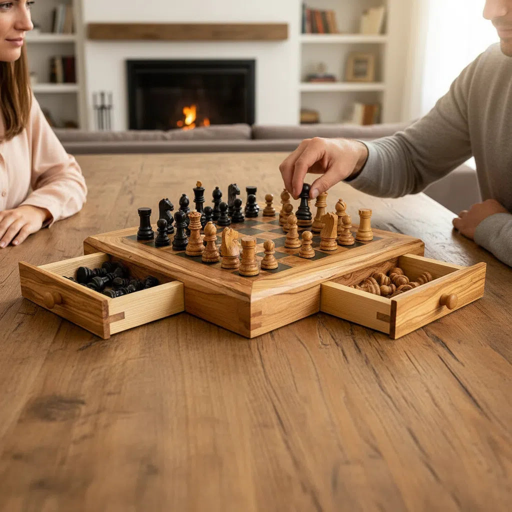 Jeu d'échecs en bois d'olivier avec tiroirs - Élégance Artisanale