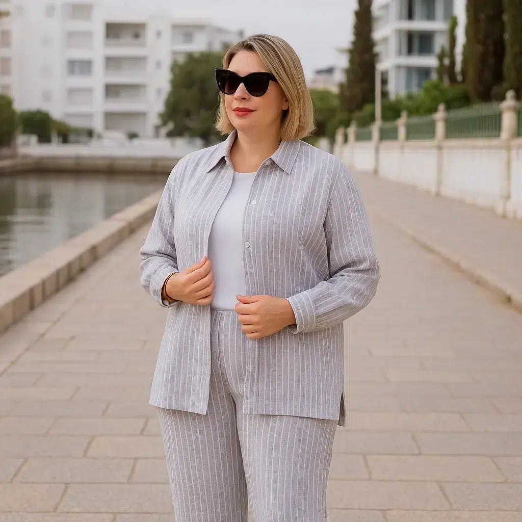 Set en lin gris à rayures