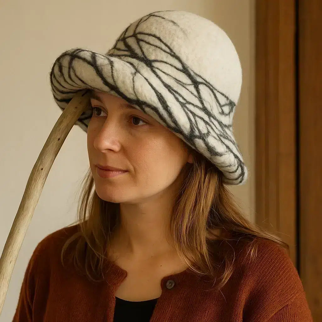 Chapeau cloche en laine feutrée au design graphique unique