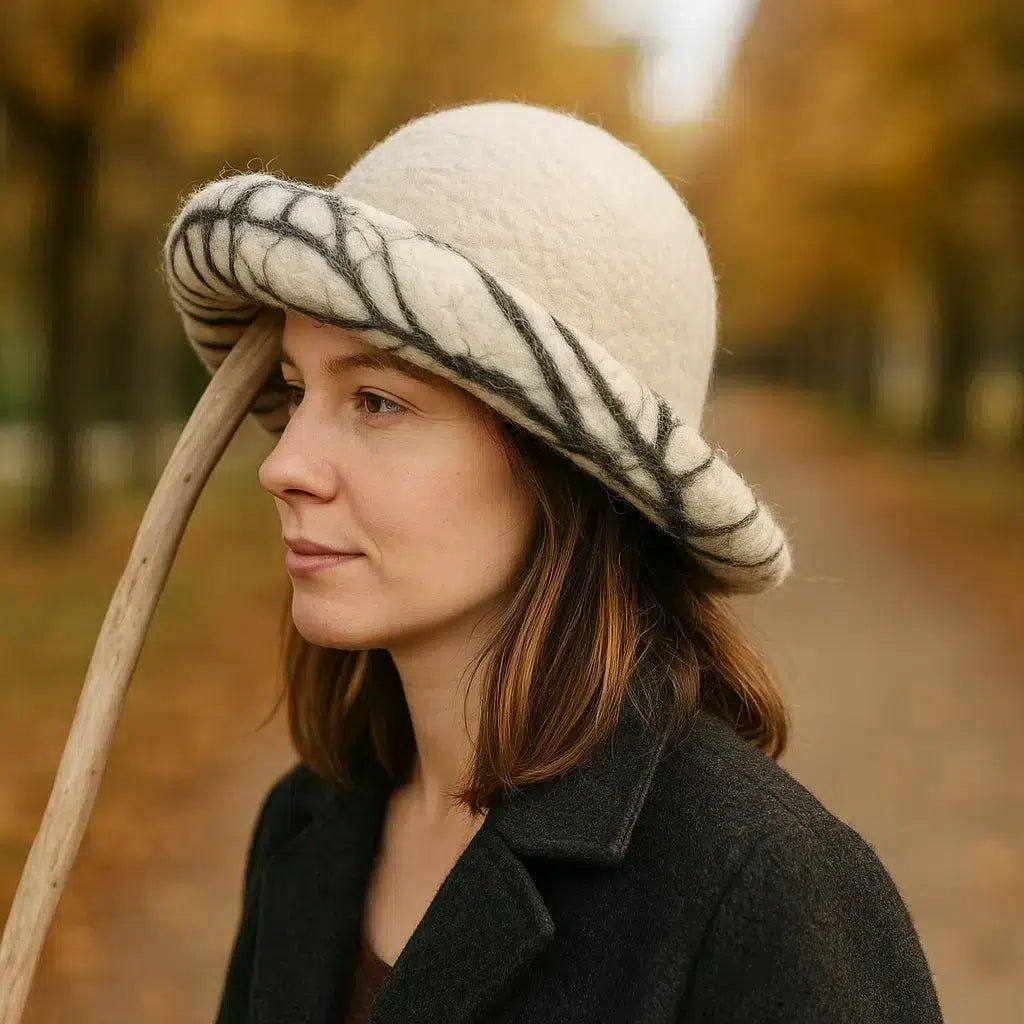 Chapeau cloche en laine feutrée au design graphique unique