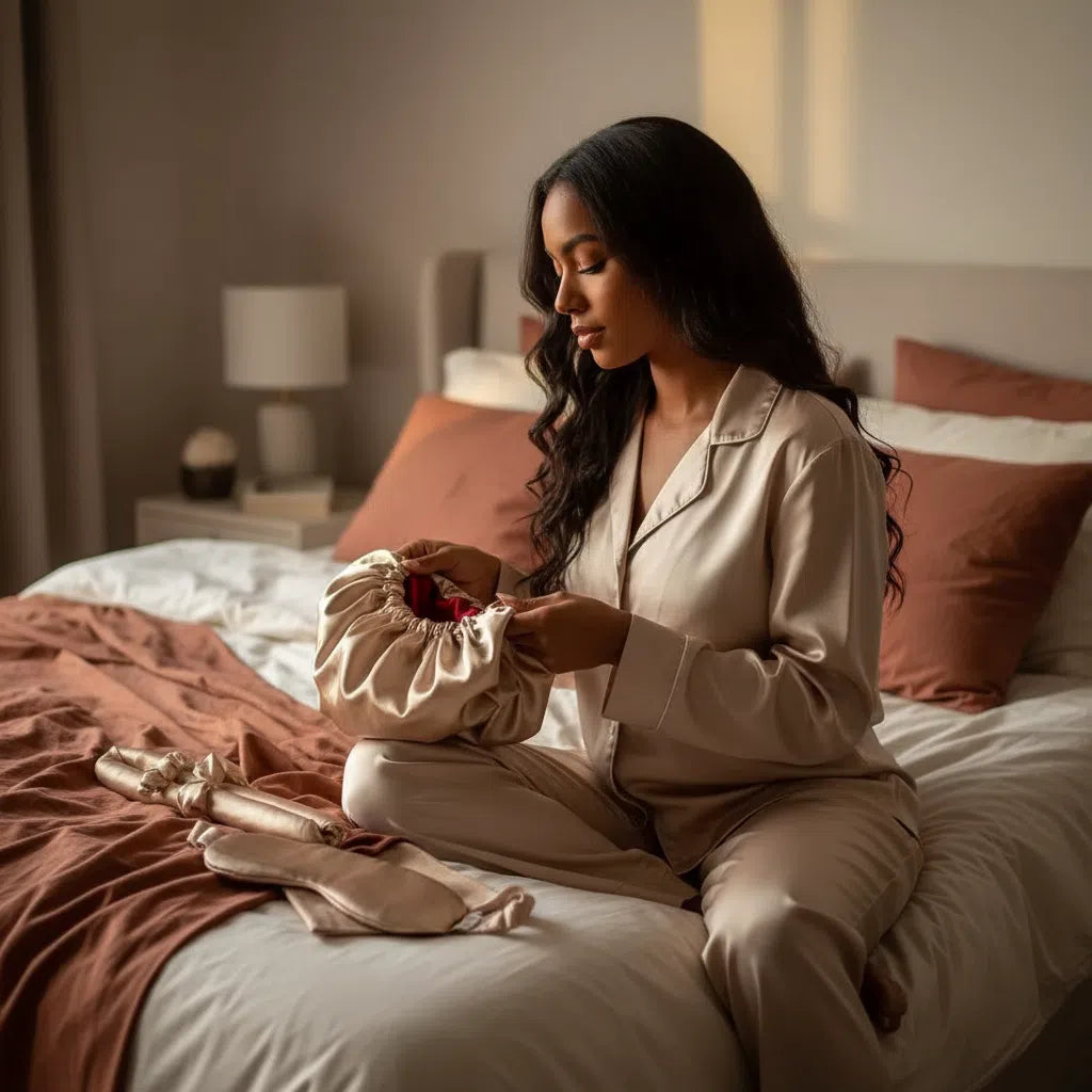 Ensemble Nuit Satin Nude & Rouge - Soin Capillaire Éclat