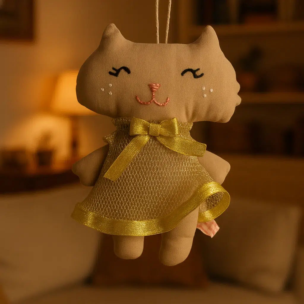 Doudou chat en robe dorée un compagnon tendre et élégant