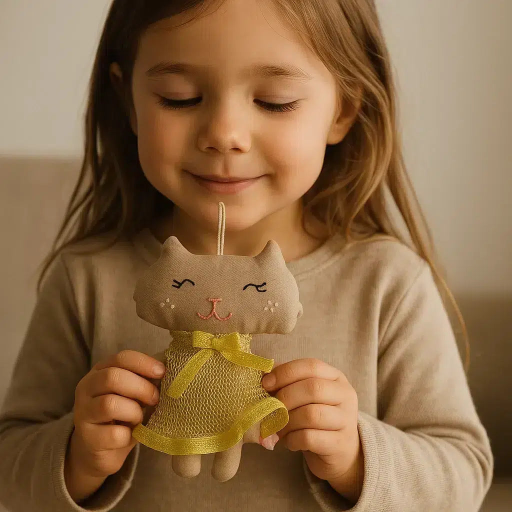 Doudou chat en robe dorée un compagnon tendre et élégant