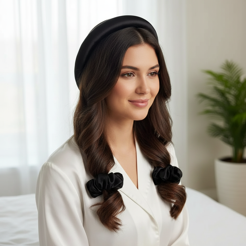 Bandeau Satin Noir & Chouchous - Élégance Anti-Casse