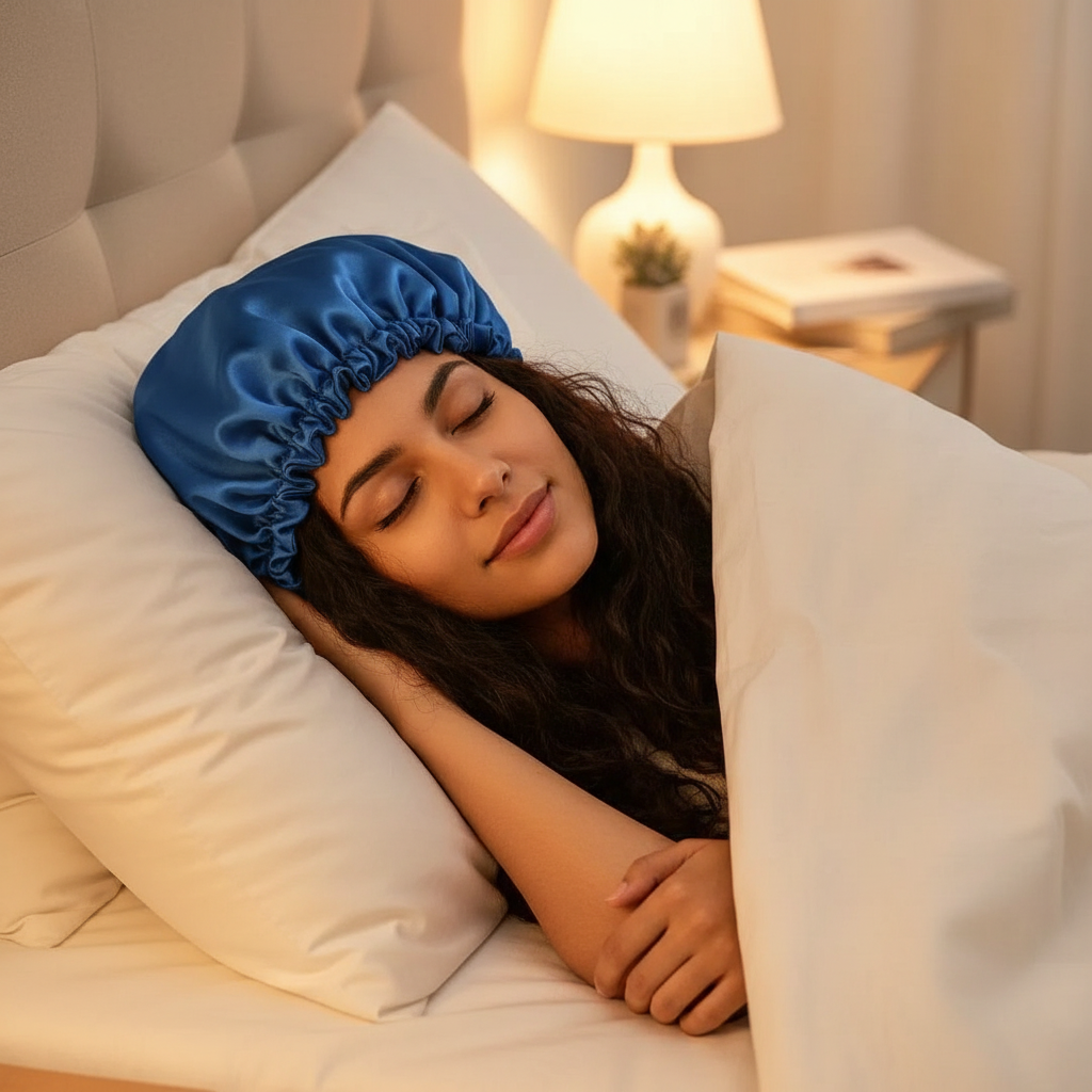 Bonnet de Nuit en Satin Bleu - Protection et Élégance